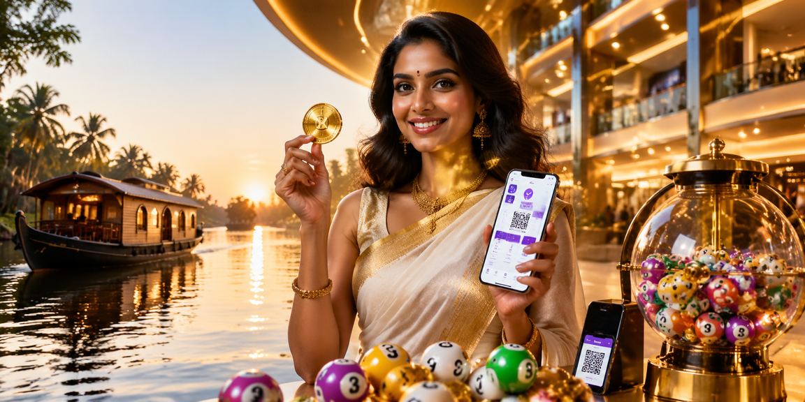 Peaceful Kerala backwaters with Indian lottery player